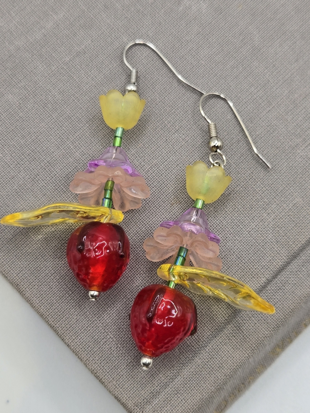 Glass Lampwork Strawberry Dangle Bead Earrings Botanical Fairy Whimsical Dainty
